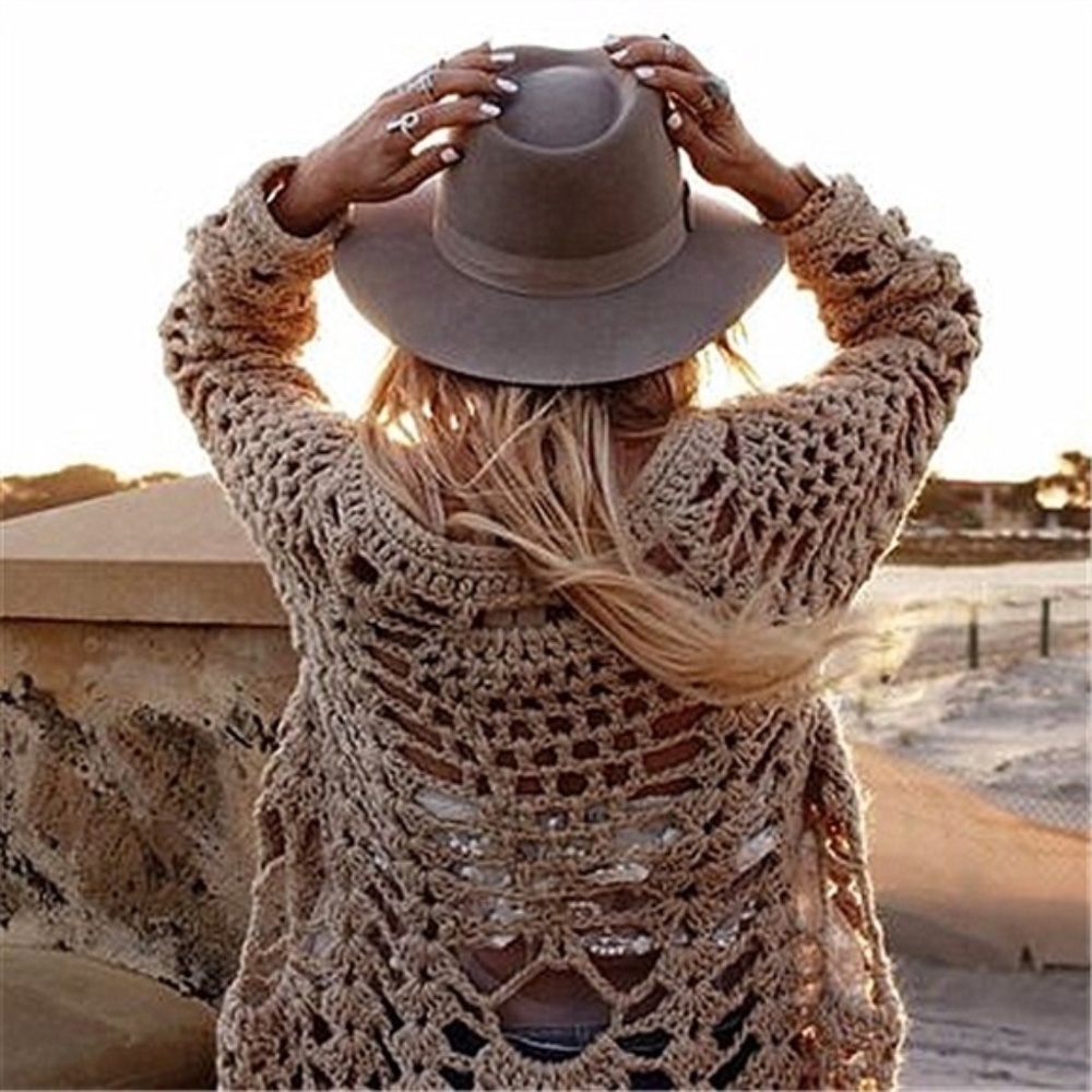 SOLD OUT Khaki Bohemian Hand Knit Tassel Open Crochet Knit Cardigan Sweater - Picture 6 of 7